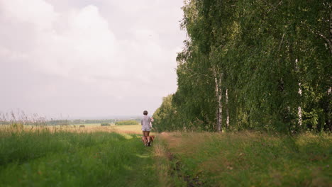 dog owner walking two beagles on leash through lush grassy field, dressed in casual grey and white, holding leash in left hand, surrounded by tall trees, instructing dogs to move forward