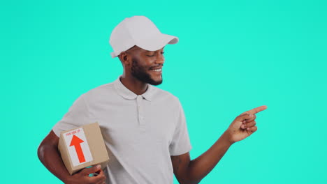 portrait, shipping and pointing with a black man