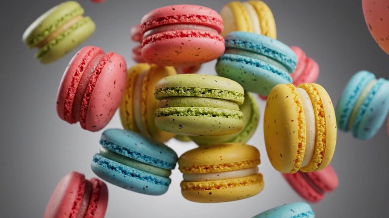 Colorful Macarons in Motion: A Captivating Display of Delicious French Pastries Floating Against a Soft Gray Background