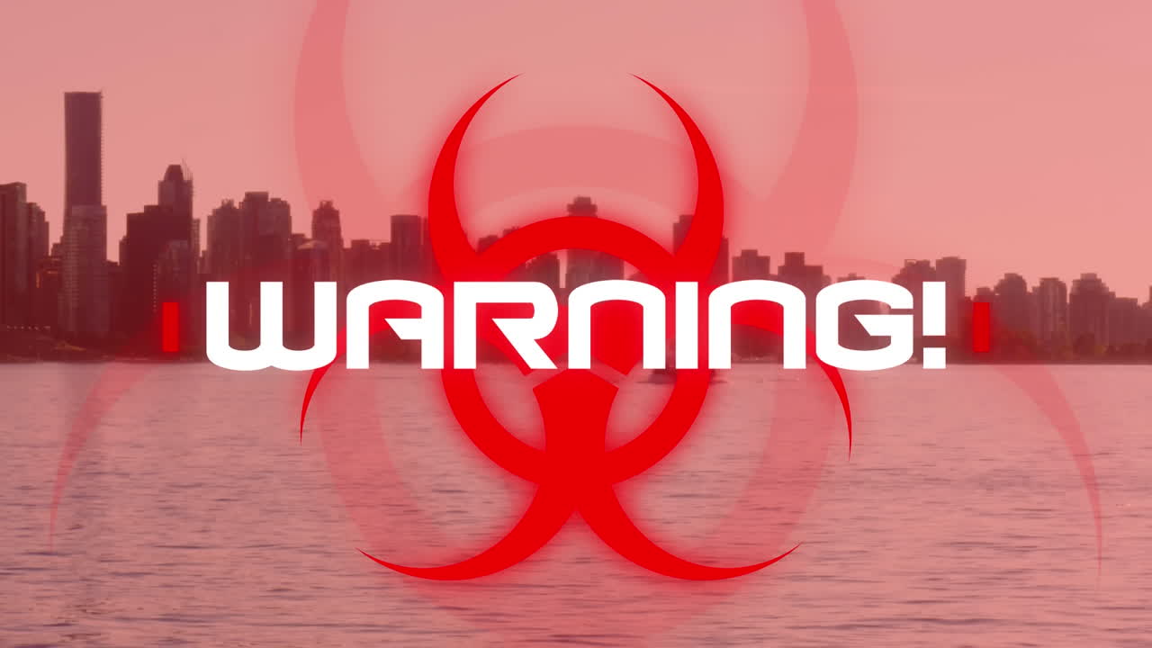 animación de la palabra advertencia! escrita sobre un cartel rojo de peligro para la salud con el paisaje urbano en el fondo.