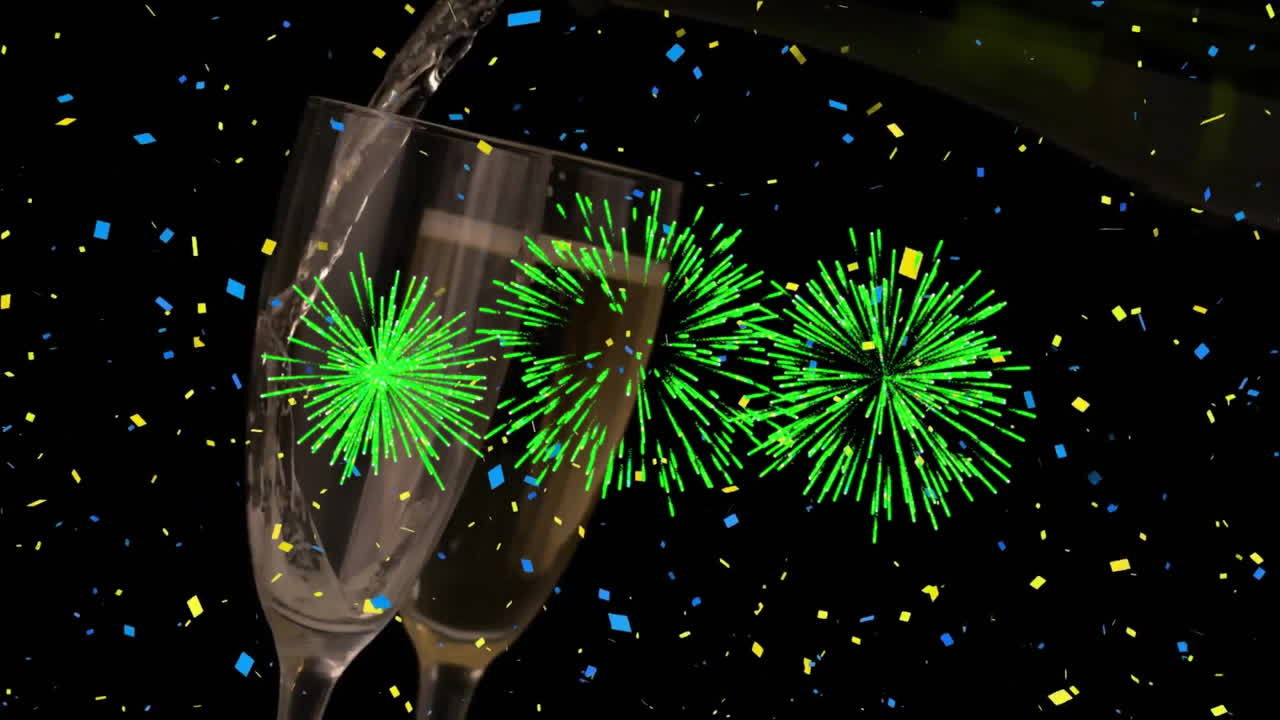 Animación de fuegos artificiales y confeti cayendo sobre copas de champán
