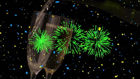 animación de fuegos artificiales y confeti cayendo sobre las copas de champán