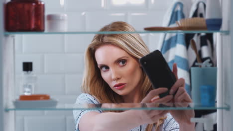 view through bathroom cabinet of young woman wearing pajamas taking selfie on mobile phone