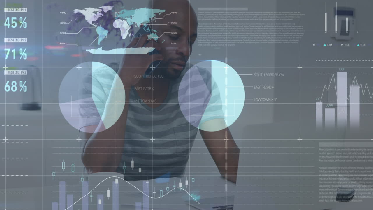Animation of statistical data processing over african american man talking on smartphone at office