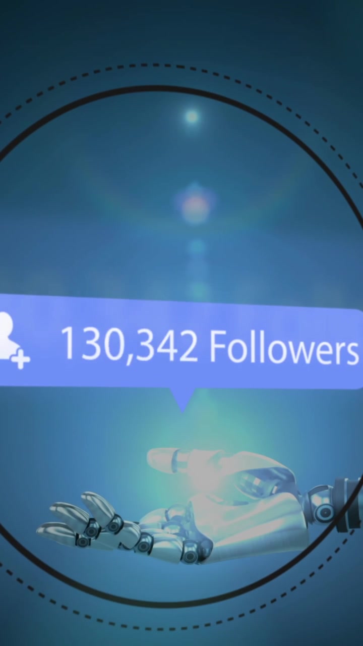 Animation of robot arm holding followers notification with person icon and increasing numbers