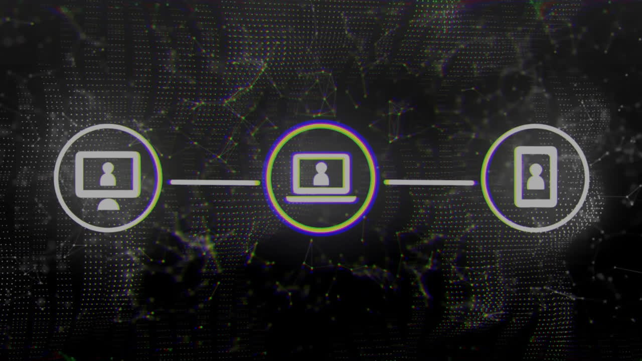 Animation of network of media icons over communication connections on black background