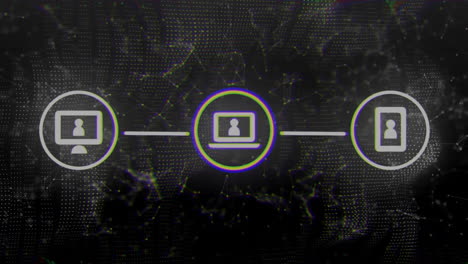 animación de la red de iconos de medios sobre conexiones de comunicación en fondo negro