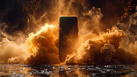 smartphone engulfed in dynamic orange smoke