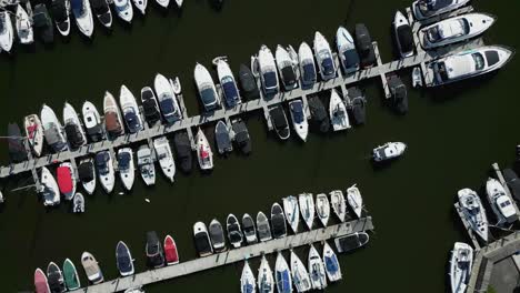 rotating colourful aerial drone view over boat moorings and yachts on lake windermere at bowness marina with small boat moving through the scene on sunny summer morning