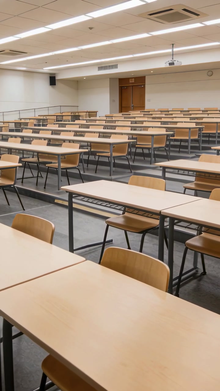 Vertical video: Camera starting front panning desks showing projector clock in classroom for class