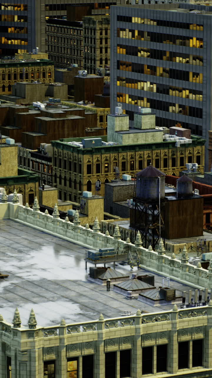 Urban evening panorama showcasing buildings and city lights at dusk