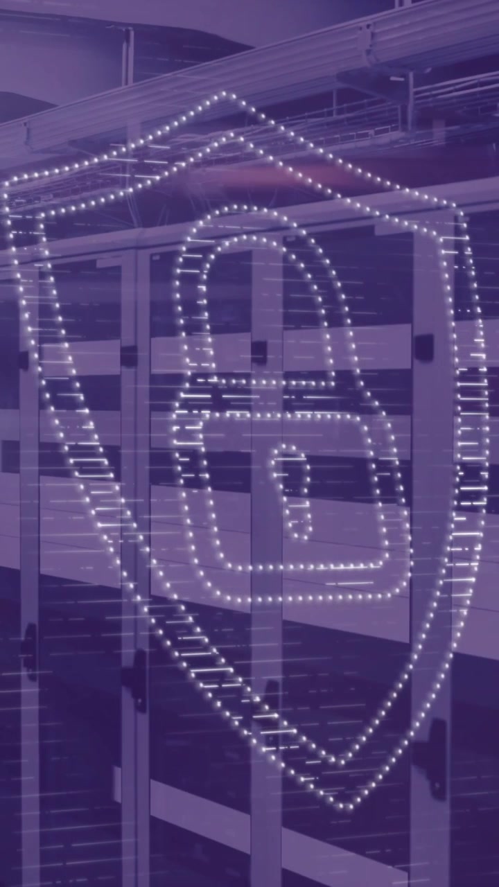 Digital lock and shield animation over server racks in data center