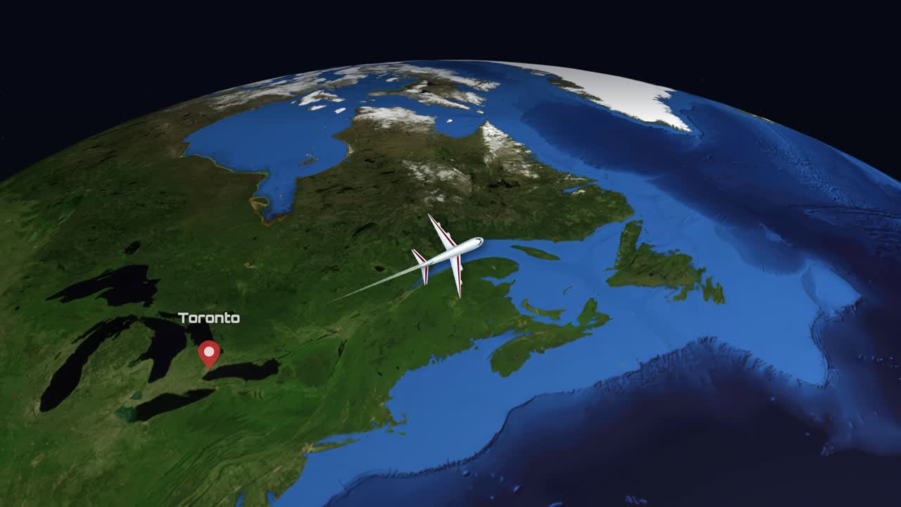 A digital animation tracks a commercial airplane flying across the Atlantic Ocean between two cities