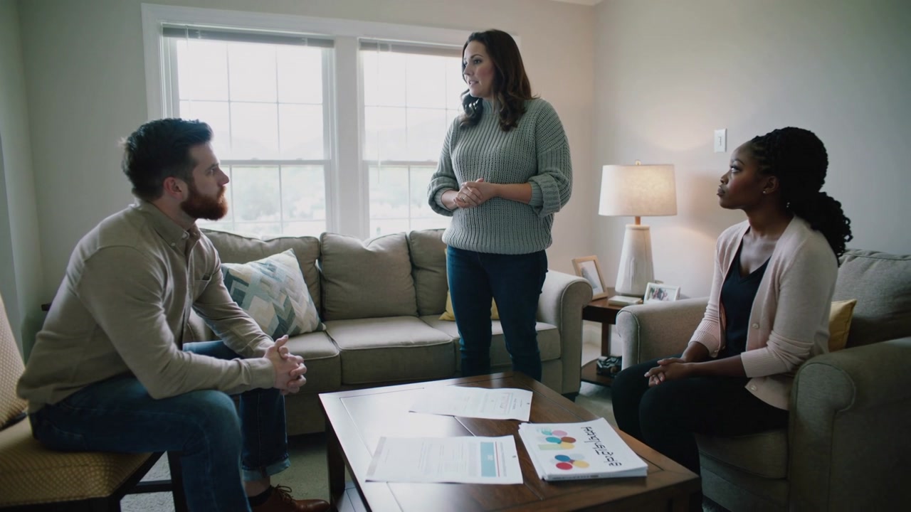 Gesturing standing woman in green sweater explaining reports in living room, reviewing table charts
