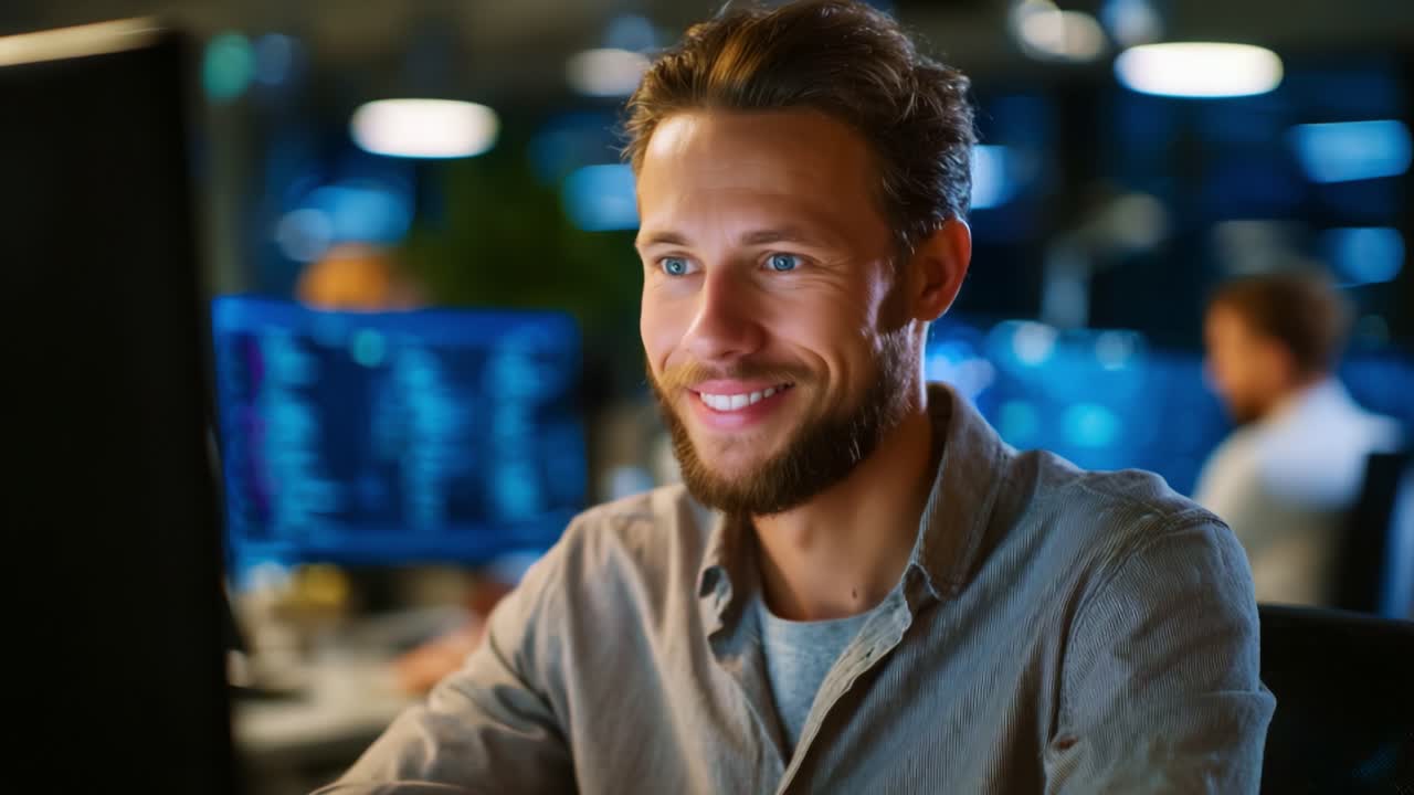 A focused young man with a beard engages with his computer in a modern office environment, showcasing a transition from concentration to a satisfied smile