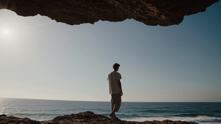Young traveler standing beneath rocky cliff at golden sunrise, gazing across expansive ocean horizon, embodying solitude and peaceful connection with wilderness landscape