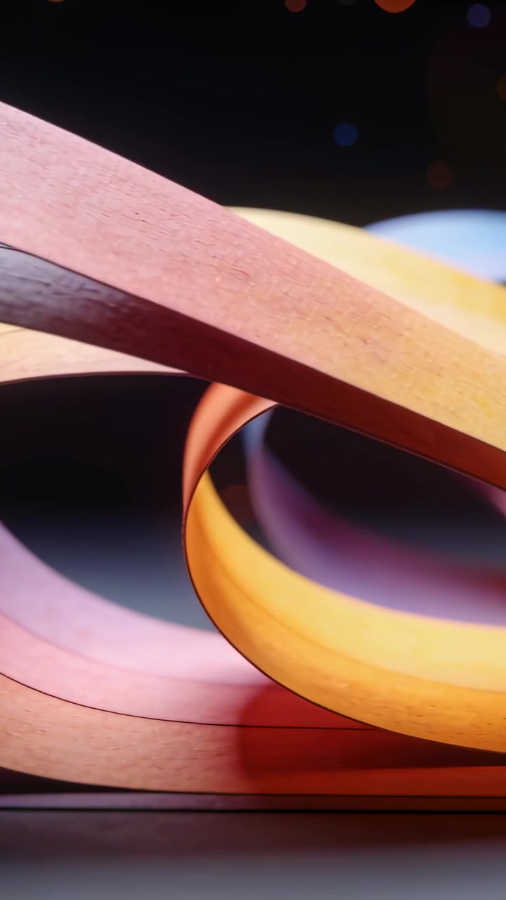 Vidéo verticale : Caméra panoramique révélant des spirales de papier enroulées sur une table de studio, avec des lumières bokeh.