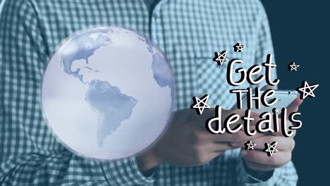 animación de obtener los detalles de texto sobre el globo y las manos utilizando el teléfono inteligente