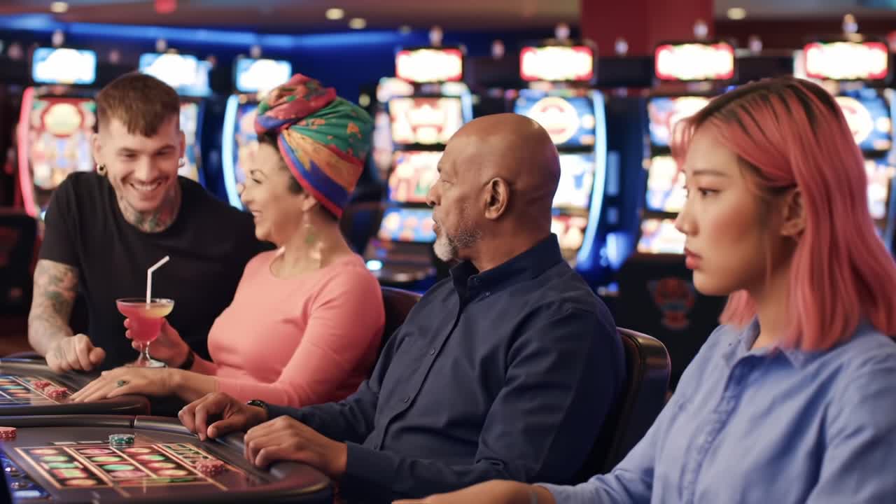 A Diverse Group of Friends Enjoying a Fun Night at the Casino, Engaging with Slot Machines and Each Other in a Lively Atmosphere of Entertainment