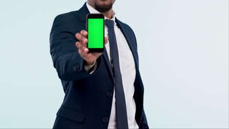 Green-screen,-phone-and-man-in-studio-with-mockup
