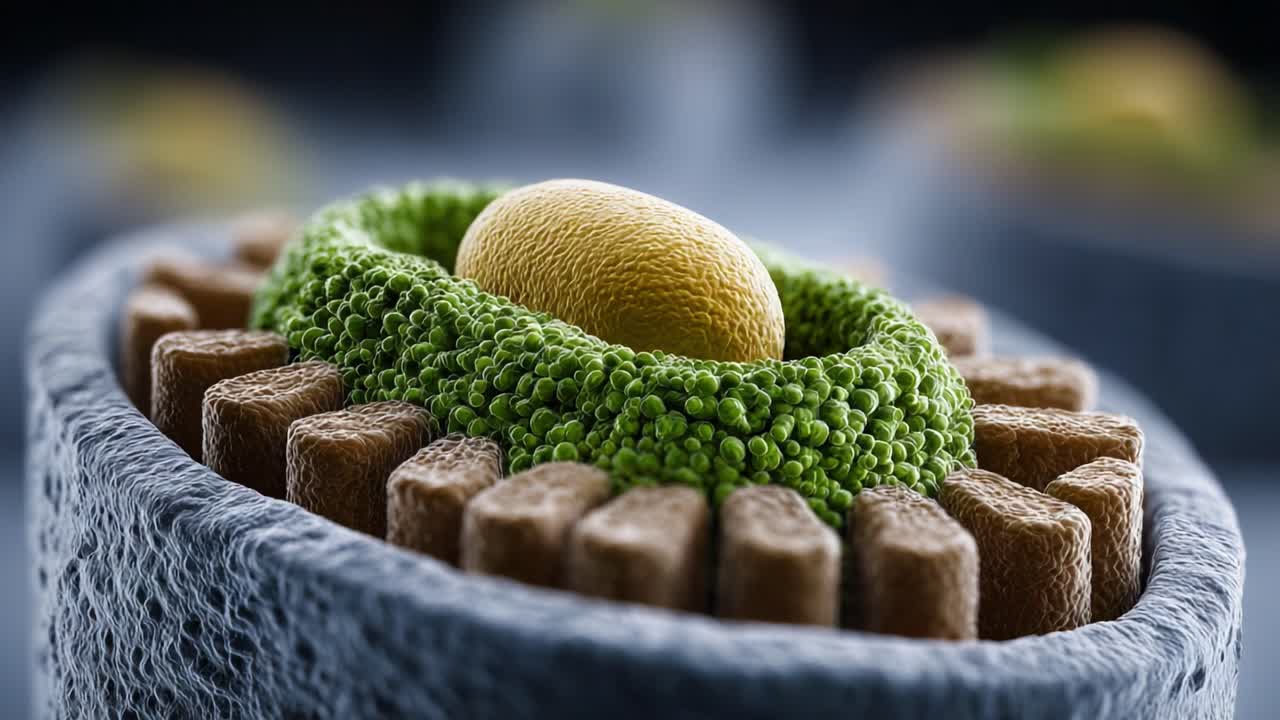 Close-up View of Cellular Structures Highlighting Organelles with Distinctive Texture and Coloration in Microscopic Detail