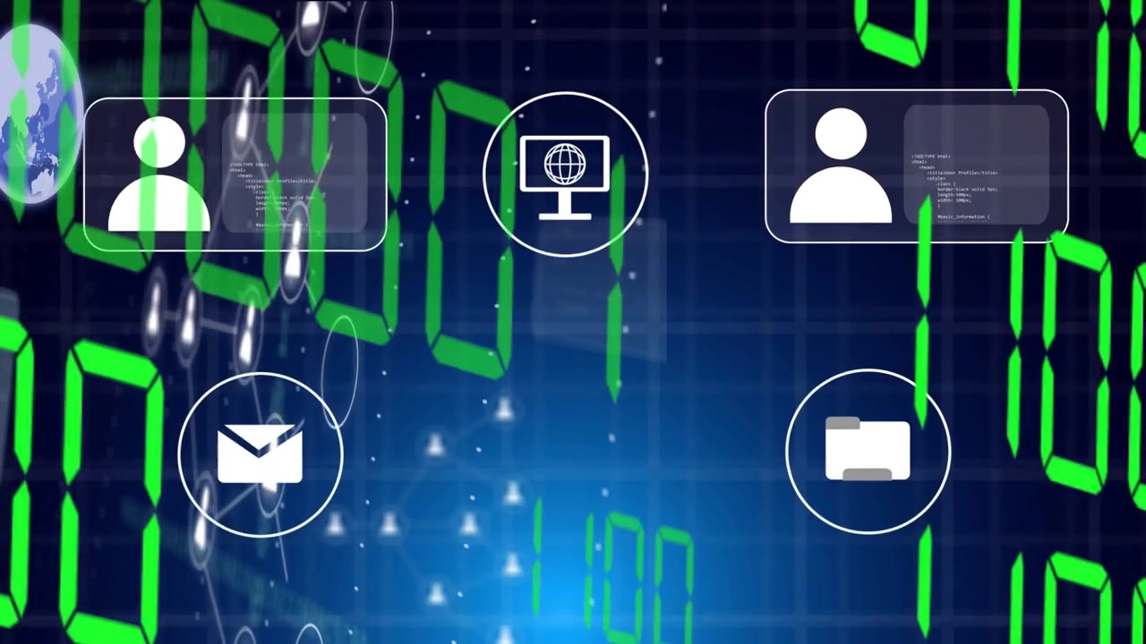 Green seven-segment digits floating, UI panels appearing, nodes linking and visualizing data flow