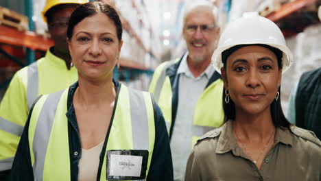 diverse team of warehouse workers smiling and posing for a photo