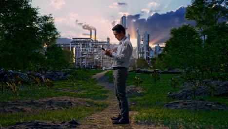 full body side view of an asian male professional worker standing with his phone in front of oil refinery, working continuously with his phone