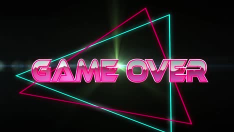 Animation-of-illuminated-game-over-text-and-triangular-shapes-on-black-background