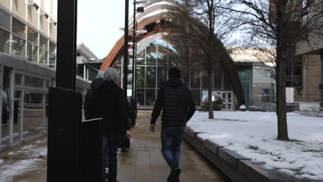 Eine-Gruppe-Junger-Männer-Geht-An-Der-Kamera-Vor-Der-Attraktion-Im-Stadtzentrum-Von-Sheffield-Winter-Gardens-Vorbei