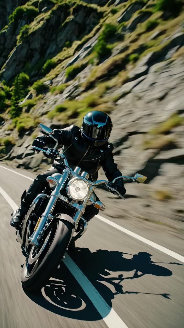 Foto dinâmica em ângulo baixo de um motociclista em uma estrada sinuosa, capturando velocidade e aventura, perfeito