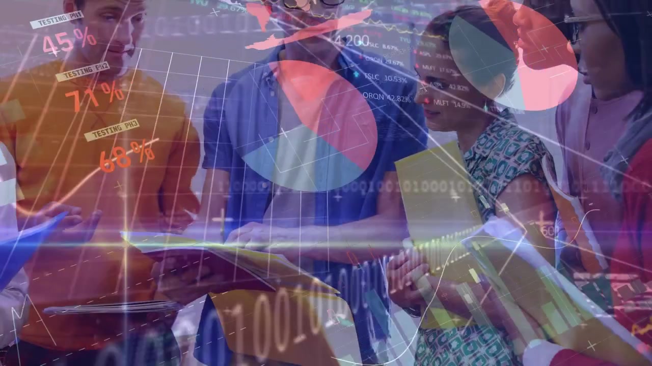 Animazione di elaborazione dati statistici su diversi colleghi che discutono insieme in ufficio