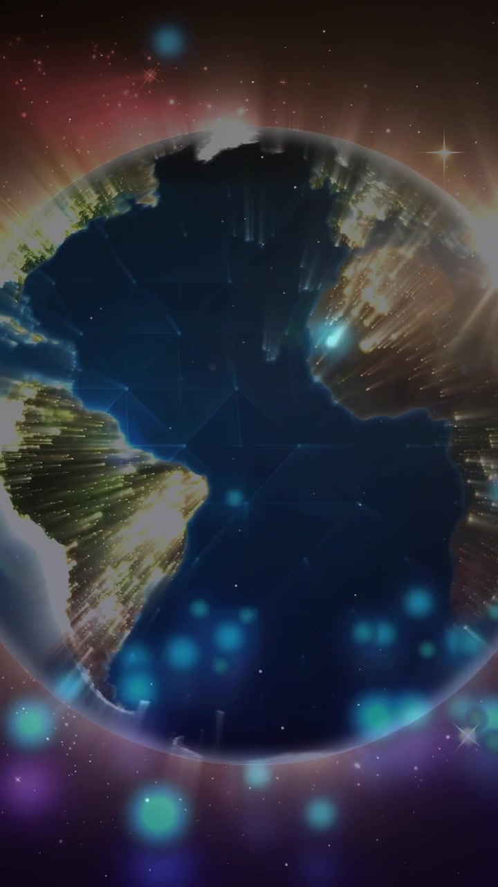 Vídeo vertical: Globo girando, estimulando luzes da cidade a se transformarem em raios e orbes pulsantes, mostrando rede.