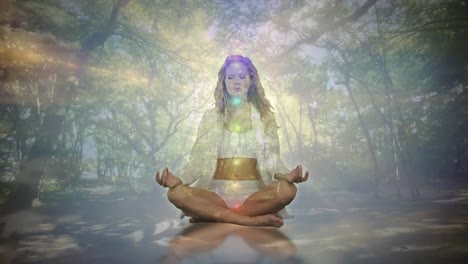 digital composition of caucasian woman meditating against view of forest path