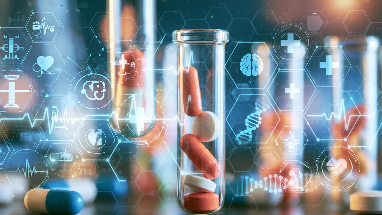 Colorful laboratory test tubes containing glowing liquid samples in detailed scientific footage