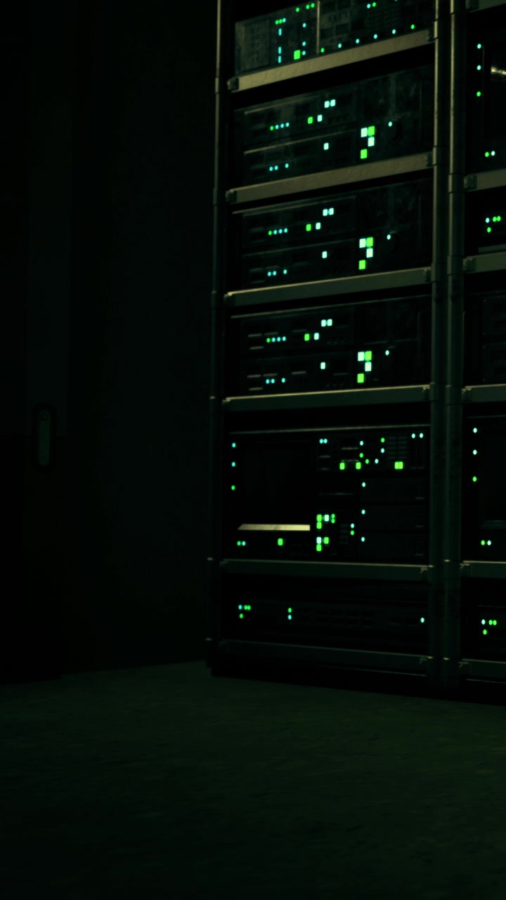 Data center con armadi server che si illumina durante le ore notturne in uno spazio buio.