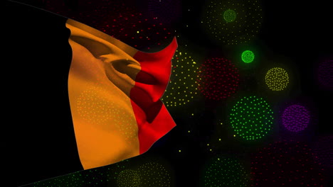 animation of flag of belgium over shapes and fireworks on black backrgound