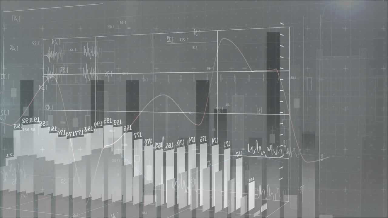 Animation showing financial data analysis with bar graphs and line charts