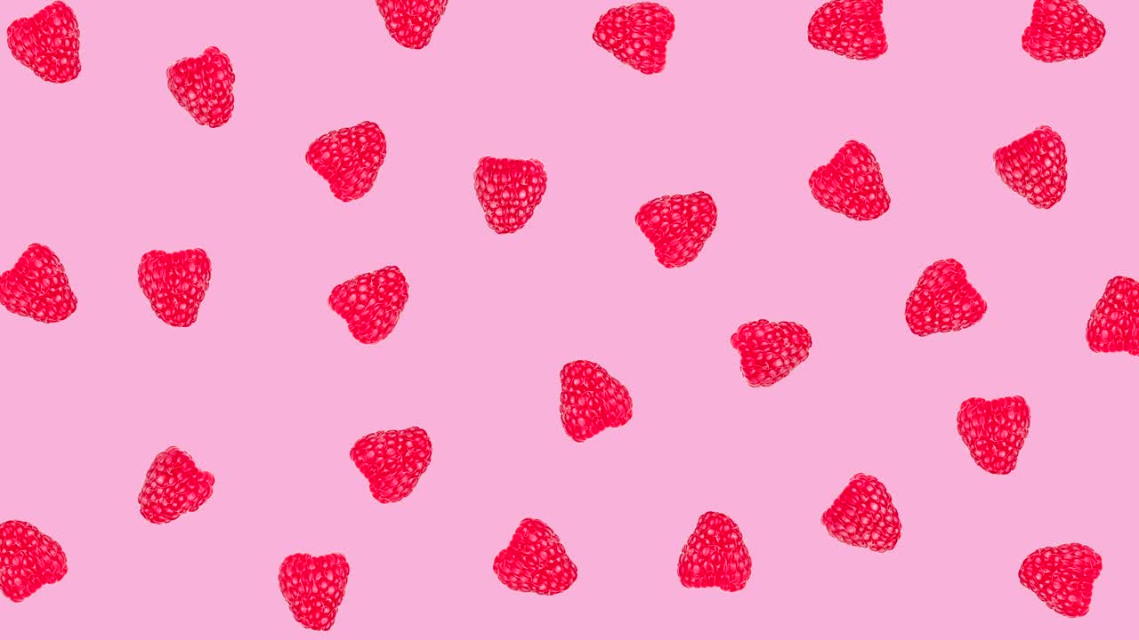 pattern with many fresh ripe raspberry wiggles on a pink background close-up. seamless looping of realistic 3d food. minimal stop motion design art with copy space for text