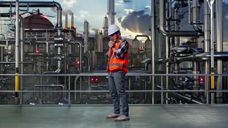 full body side view of asian male engineer with safety helmet pray for something while standing in a refinery, oil processing equipment and machinery