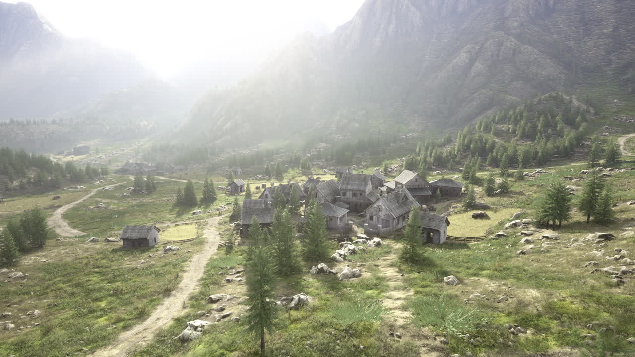 Mystical abandoned village nestled among misty mountains at sunrise