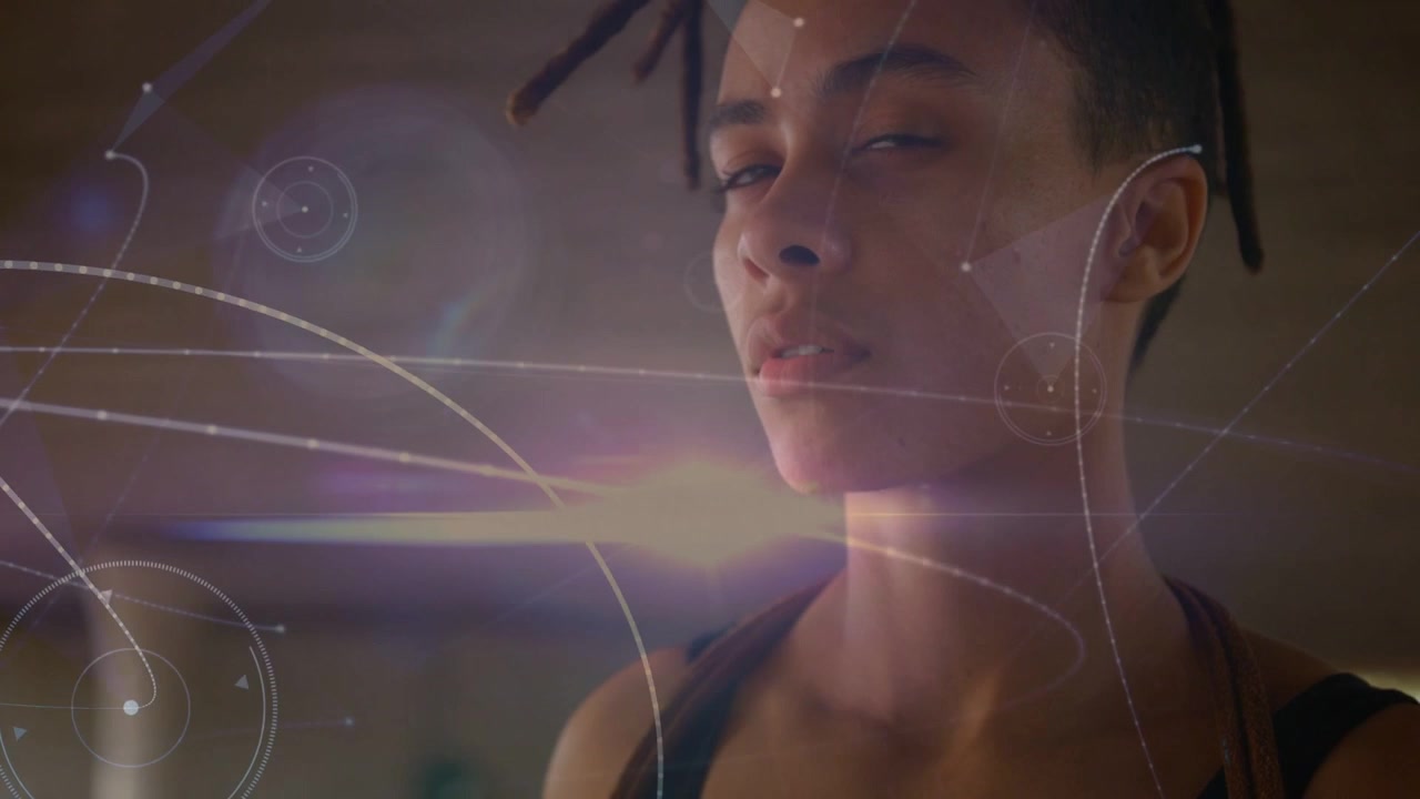 Woman gripping rope starting camera pulling back showing core HUD overlays rising preparing fitness