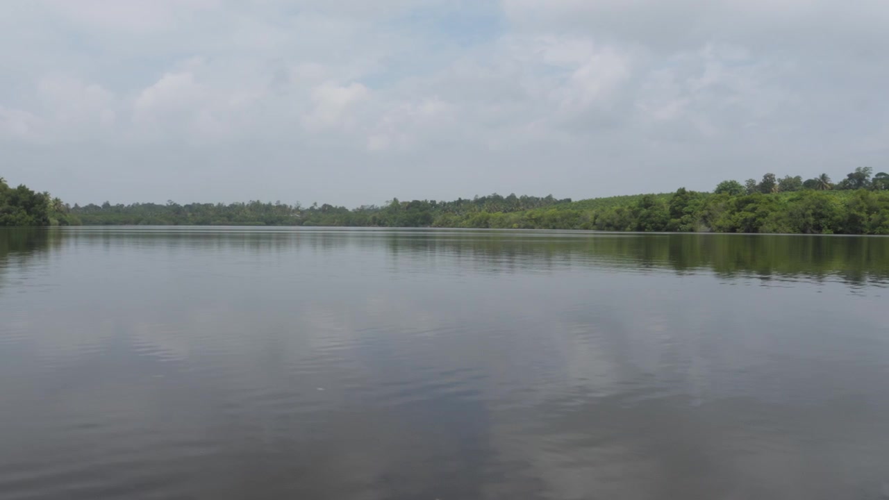 Wide static view of the calm Hikkaduwa River, with smooth reflective water, lush green tropical banks and soft cloudy daylight in Sri Lanka.