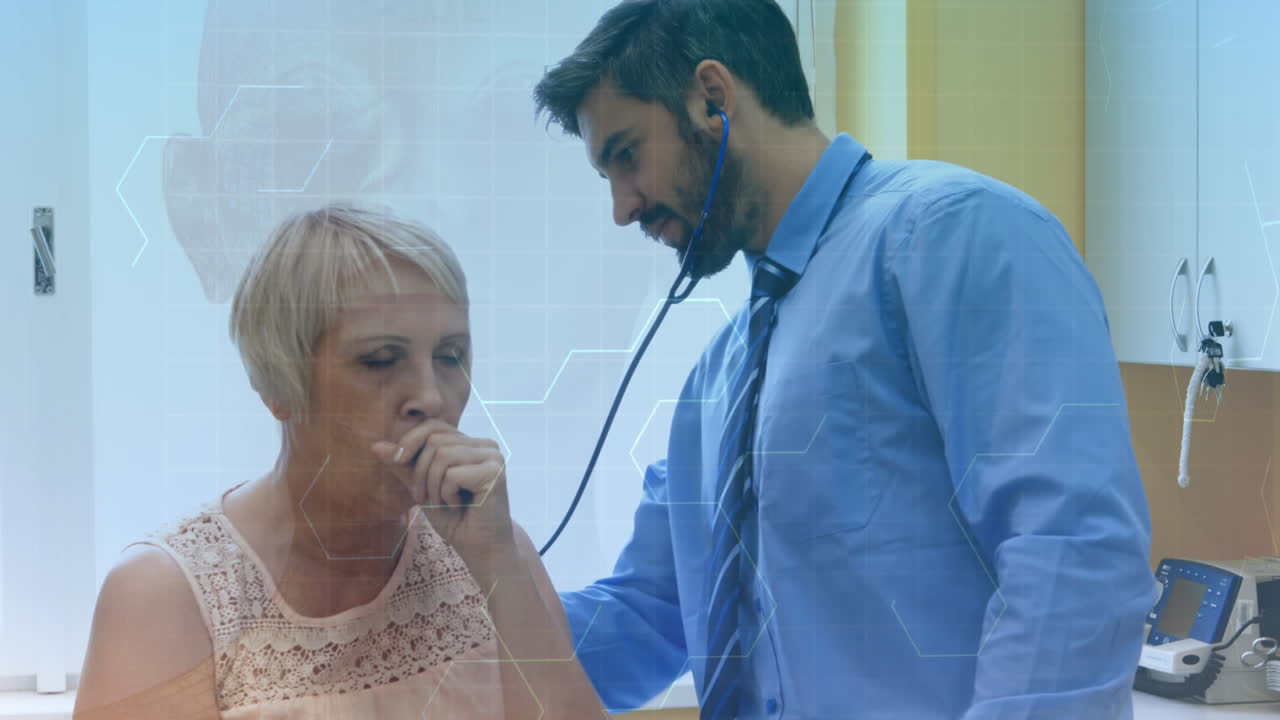 animación de un anciano toser con un médico sobre la cara humana .covid-19 se propaga