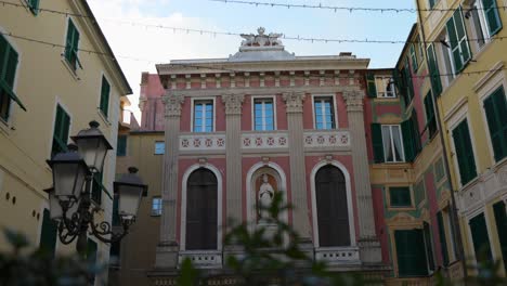 Charming-and-colorful-historic-building-exteriors-in-Varazze,-Italy-on-sunny-day