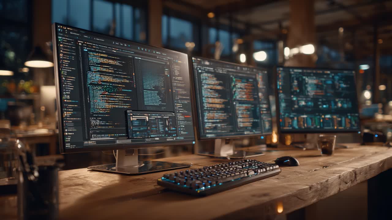 Workspace with Multiple Monitors Displaying Code and Development Tools in a Cozy Coffee Shop Setting: An Immersive Tech Environment