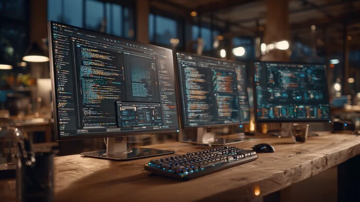 Workspace with Multiple Monitors Displaying Code and Development Tools in a Cozy Coffee Shop Setting: An Immersive Tech Environment