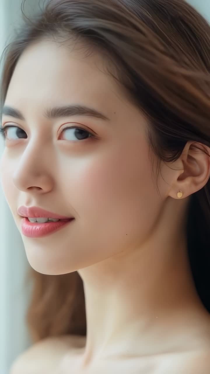 Vertical video: Opening eyes to window light, lady smiling meeting gaze ...