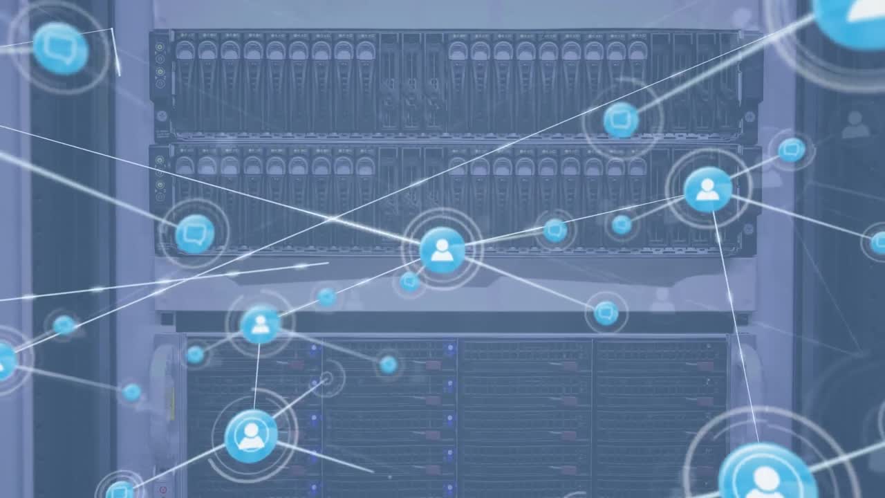 Animation of connected icons over back panel of data server racks in server room