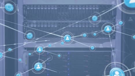 animation of connected icons over back panel of data server racks in server room